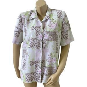 ALIA Womens Size 10 Tropical Floral Short Sleeve Button Front Collared Shirt